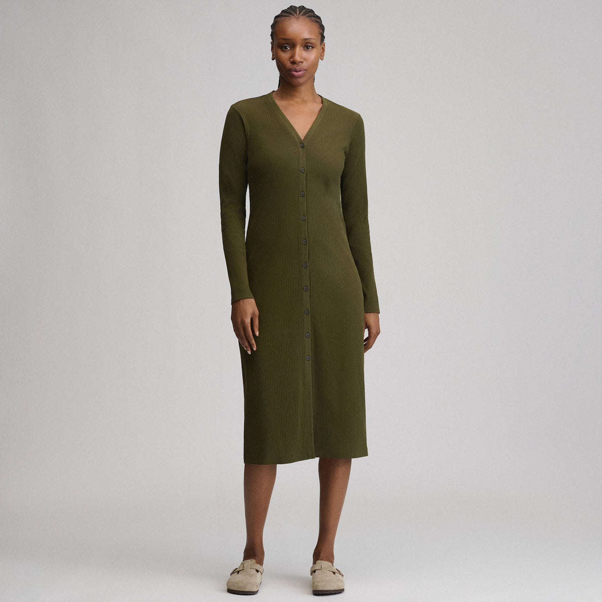 Eddie Bauer Women's Long-Sleeve Button Front Ribbed Knit Midi Dress alternate view 4