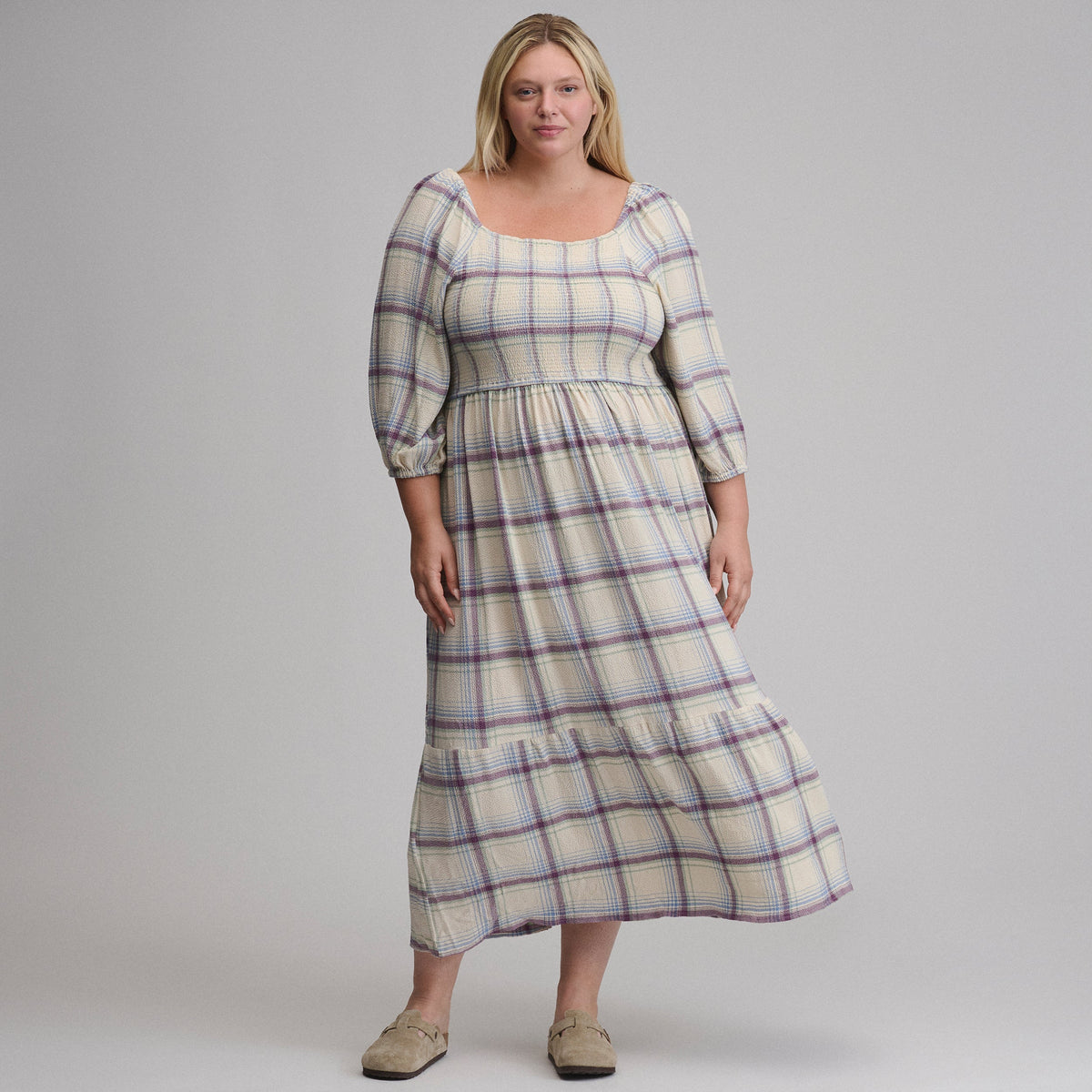 Eddie Bauer Women's Plaid 3/4 Sleeve Smocked Bodice Dress alternate view 3
