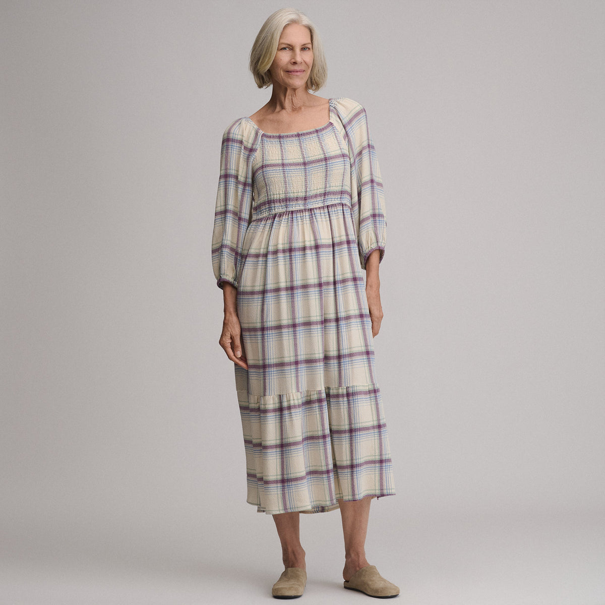 Eddie Bauer Women's Plaid 3/4 Sleeve Smocked Bodice Dress product image