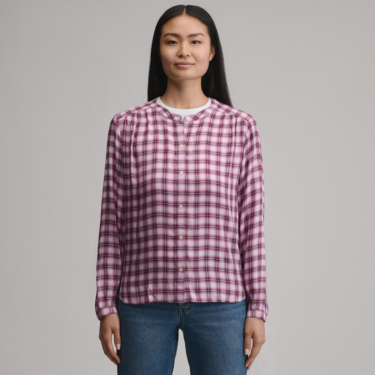 Eddie Bauer Women's Long-Sleeve Collarless Drapey Plaid Button-Down Shirt product image