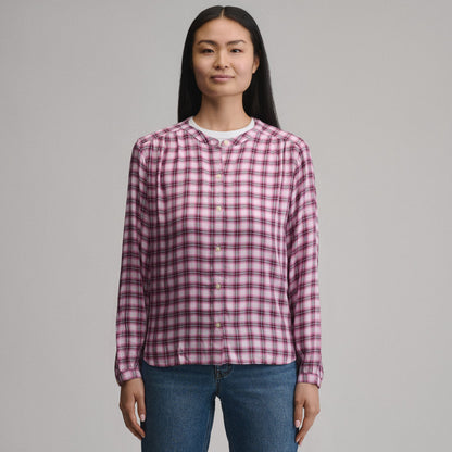 Eddie Bauer Women's Long-Sleeve Collarless Drapey Plaid Button-Down Shirt product image