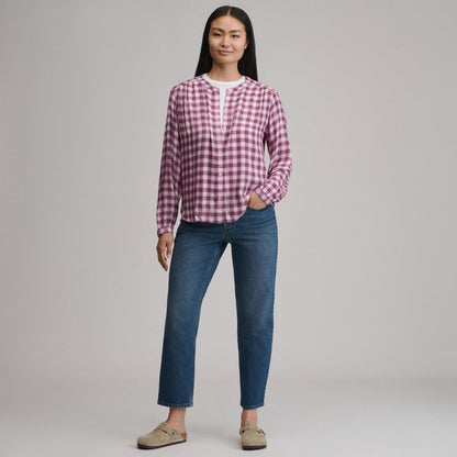 Eddie Bauer Women's Long-Sleeve Collarless Drapey Plaid Button-Down Shirt alternate view 3