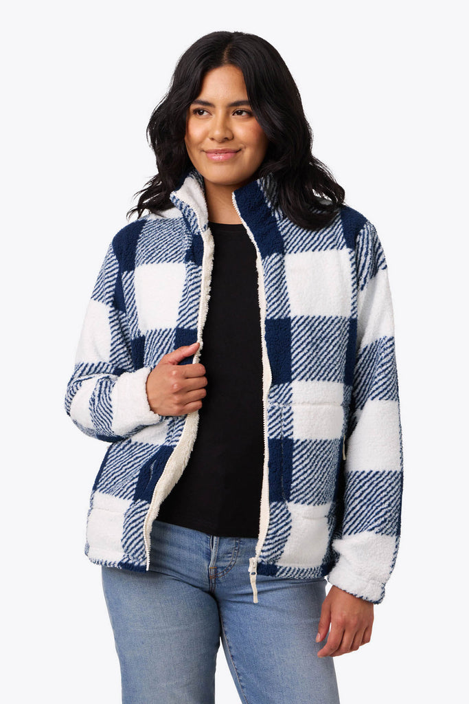 Upland High-Pile Printed Long Jacket Women's - Blue Plaid by Fieldsheer