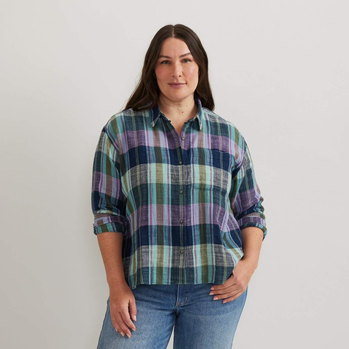 Eddie Bauer Women's Cotton Slub Plaid Long-Sleeve Shirt alternate view 2