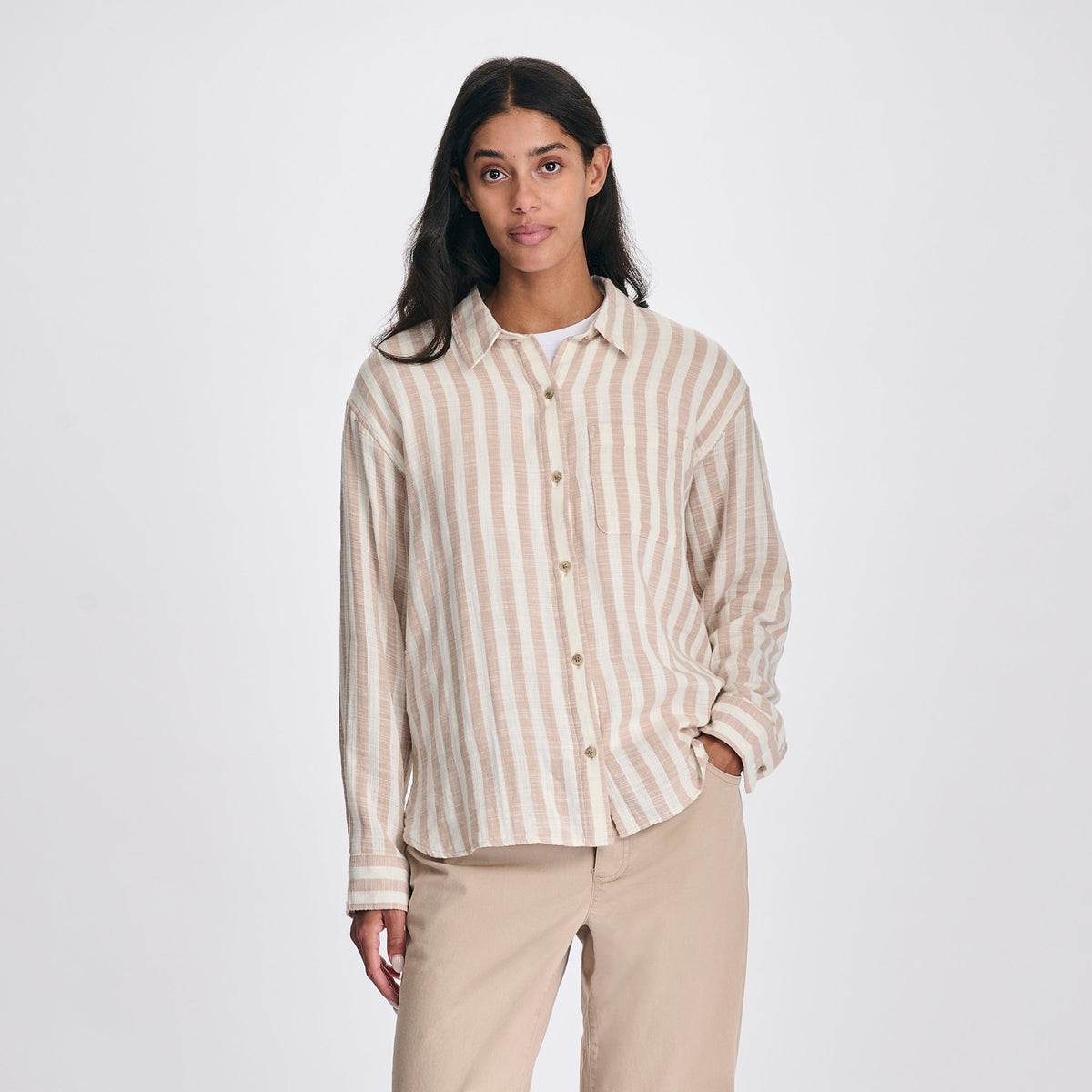 Eddie Bauer Women's Woven Stripe Cotton Long Sleeve Shirt alternate view 3