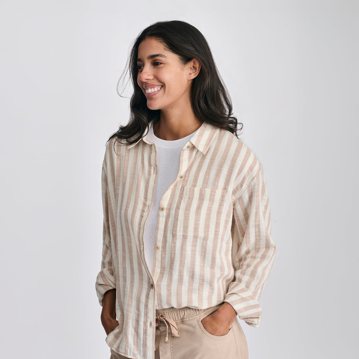 Eddie Bauer Women's Woven Stripe Cotton Long Sleeve Shirt alternate view 5